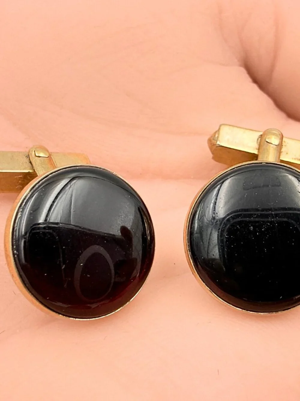 Swank Signed MCM Round Cranberry Red Glass Minimalist Gold Plated Cufflinks